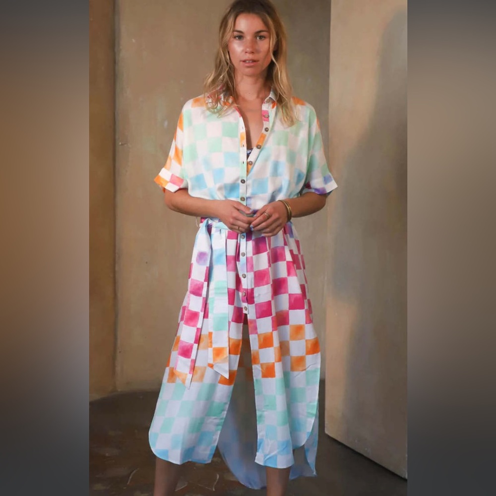 Jens Pirate Booty Ocean Front belted shirt dress in rainbow check